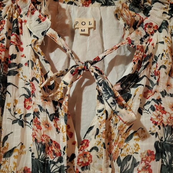 POL Dress Medium Midi Colorful Floral Tiered Lined Ruffle Tie Neck Wrinkle Knit - Picture 5 of 7